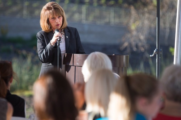 Senator Pat Bates speaks during a drug overdose awareness memorial at Crown Valley Park in Laguna Niguel earlier this year. (Photo by Drew A. Kelley, Contributing Photographer)