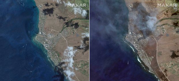 This combination of satellite images provided by Maxar Technologies shows an overview of Lahaina on Maui, Hawaii, on June 25, 2023, left, and an overview of the same area on Wednesday, Aug. 9, following a wildfire that tore through the heart of the Hawaiian island. (Maxar Technologies via AP)