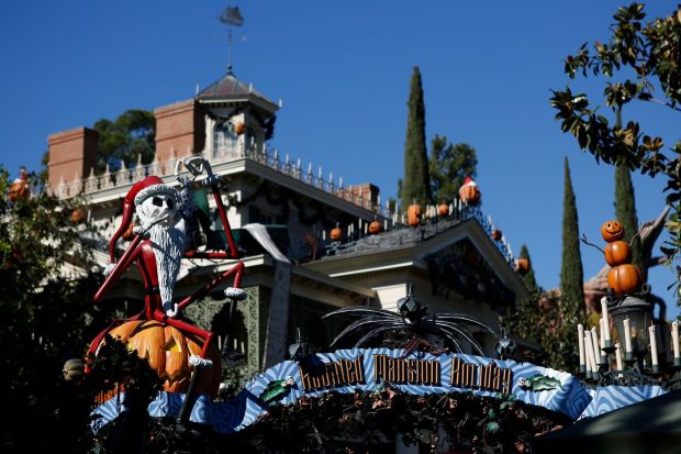 Disneyland's Haunted Mansion attraction is dressed up from Halloween to Christmas with characters from "The Nightmare Before Christmas."(Patrick Fallon/Bloomberg/Getty Images)