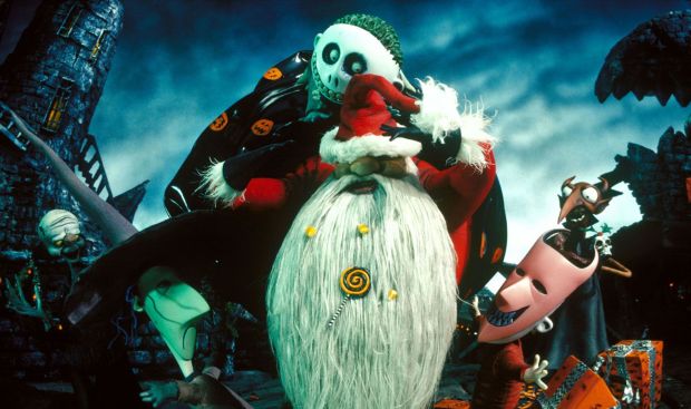 Conniving sidekicks Lock, Shock and Barrel kidnap "Mr. Sandy Claws" with devilish glee halfway through "The Nightmare Before Christmas," dressed as demented trick-or-treaters.(Moviestore/Shutterstock via CNN)