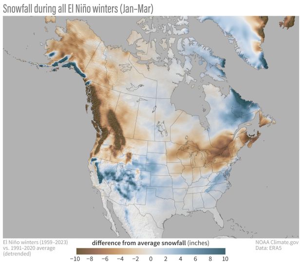 Snowfall during all El Niño winters (January-March) compared to the 1991-2020 average (after the long-term trend has been removed). Blues indicate more snow than average; browns indicate less snow than average.(NOAA Climate.gov)
