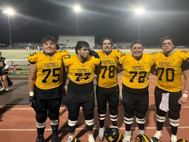 Foothill's offensive line, which played well in the Knights' win over Aquinas on Thursday, from left: Brayden McIntyre, Anthony Uribe, Ryan Worden, Isaiah Vizcarra and Brandon Venegas. (Photo by Steve Fryer, Orange County Register/SCNG)