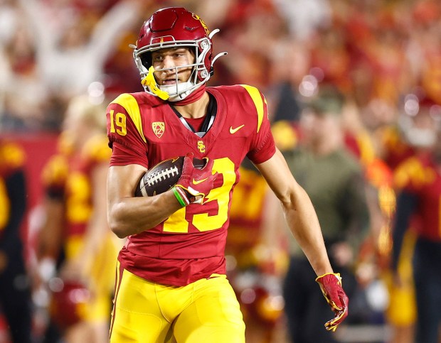 LOS ANGELES, CALIFORNIA - NOVEMBER 04:   Duce Robinson #19 of the USC Trojans at United Airlines Field at the Los Angeles Memorial Coliseum on November 04, 2023 in Los Angeles, California. (Photo by Ronald Martinez/Getty Images)