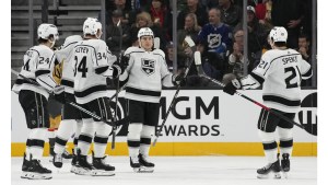Adrian Kempe, Trevor Moore, Pierre-Luc Dubois and Anze Kopitar (No. 400) score and Cam Talbot makes 37 saves as the Kings become just the eighth team in NHL history to win their first seven road games with a 4-1 victory.