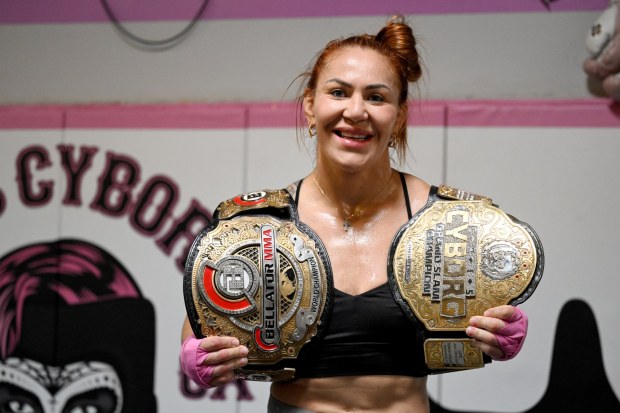 Bellator featherweight champion Cris Cyborg poses during an open workout in Huntington Beach ahead of her title defense against Cat Zingano at Bellator 300 on Oct. 7, 2023, in San Diego. (Photo by Hans Gutknecht, Los Angeles Daily News/SCNG)