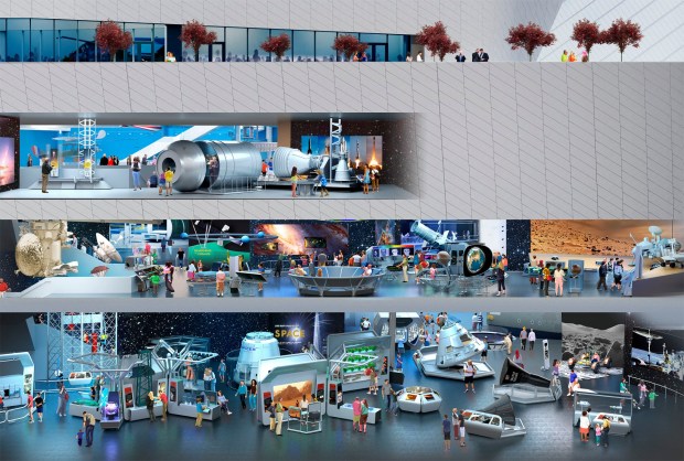 A rendering of the Kent Kresa Space Gallery in the future Samuel Oschin Air and Space Center at the California Science Center in Los Angeles. (Rendering courtesy of the California Science Center.)