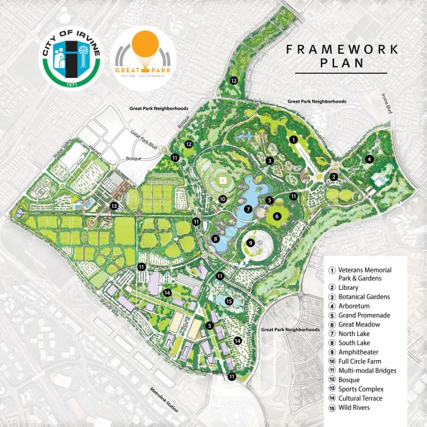 Irvine's Great Park framework plan includes an amphitheater, library, botanical gardens, a sports complex and more. (Image courtesy of the City of Irvine)