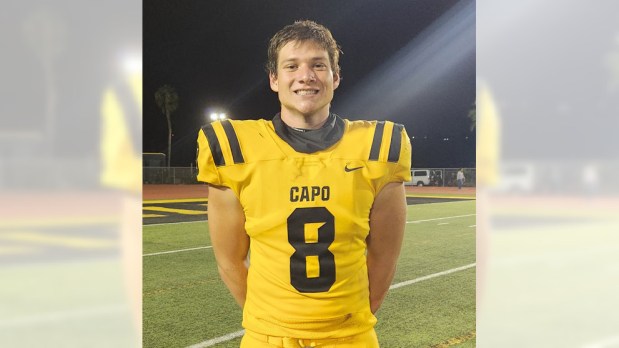 Capistrano Valley's Jackson Sievers had three sacks, recovered a fumbled punt return and had a TD catch in a 38-14 victory over Huntington Beach on Friday, Sept. 1. (Photo by Lou Ponsi)