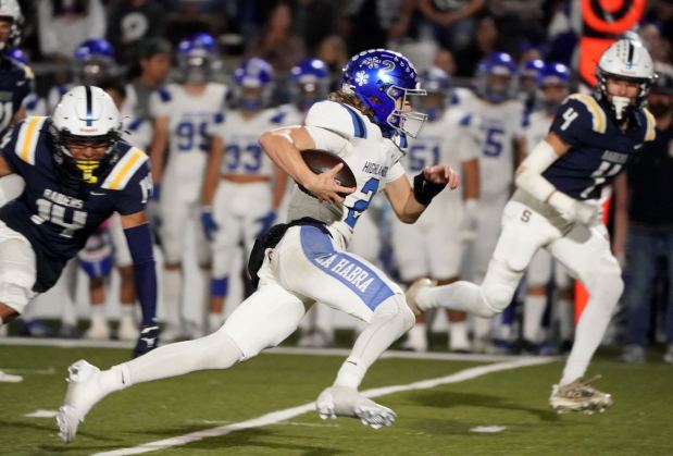 La Habra's Kenneth Saucedo makes a huge gain early in the game between Sonora vs. La Habra in a Freeway League football game on Friday, October 27, 2023. (Photo by Michael Kitada, Contributing Photographer)