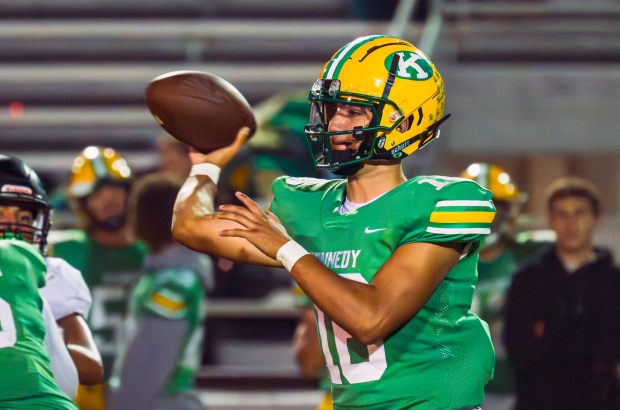 Quarterback Devin Almazan (16) of Kennedy passes the ball during oan Empire League football game against Tustin at Western High School in Anaheim on Thursday, September 28, 2023. (Photo by Leonard Ortiz, Orange County Register/SCNG)