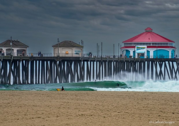 Huntington Beach photographer Michael Latham scored a few epic shots near the pier of Hurricane Hilary as the swell rolled in Sunday, Aug. 20, 2023, before the rain showed up. (Photo courtesy of Latham)