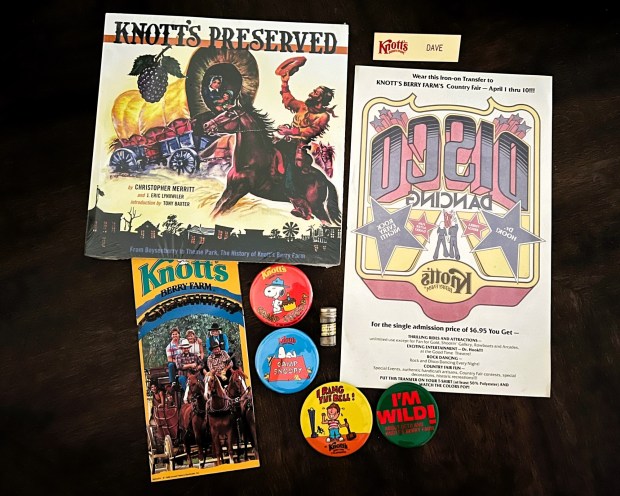 A small sample of David Dickstein's Knott's memorabilia collection including his employee badge from 1979. (Photo by David Dickstein)