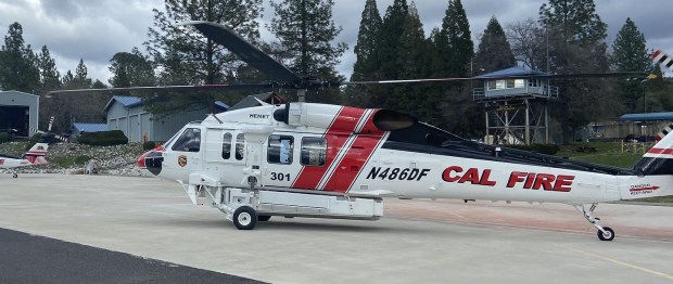 Copter 301, one of Cal Fire's new Sikorsky helicopters that flies at night as well as during the day, is assigned to Hemet-Ryan Air Attack Base. It provided key support for ground crews on the first night of the Highland fire in Aguanga on Oct. 30, 2023. (Courtesy of Cal Fire)