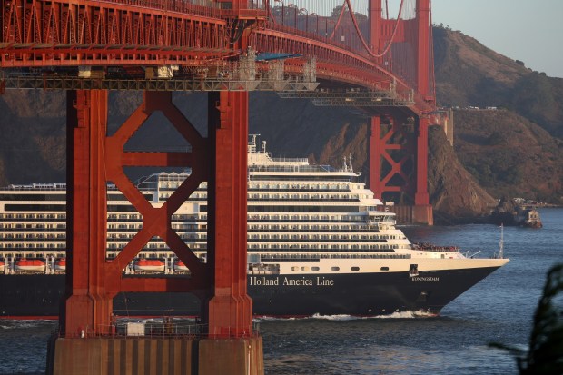 A ship passes under the Golden Gate Bridge on November 07, 2023 in San Francisco, California. (Photo by Justin Sullivan/Getty Images)