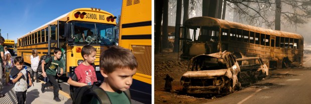 Left: Students run for their buses at Paradise Ridge Elementary School, Friday, Nov. 3, 2023, five years after parts of the school were destroyed by the Camp Fire. Right: A charred school bus sits abandoned among other vehicles on Skyway in Paradise, Calif., Friday, November 9, 2018, the day after residents were forced to flee the deadly flames of the Camp Fire. (Photos by Karl Mondon/Bay Area News Group)